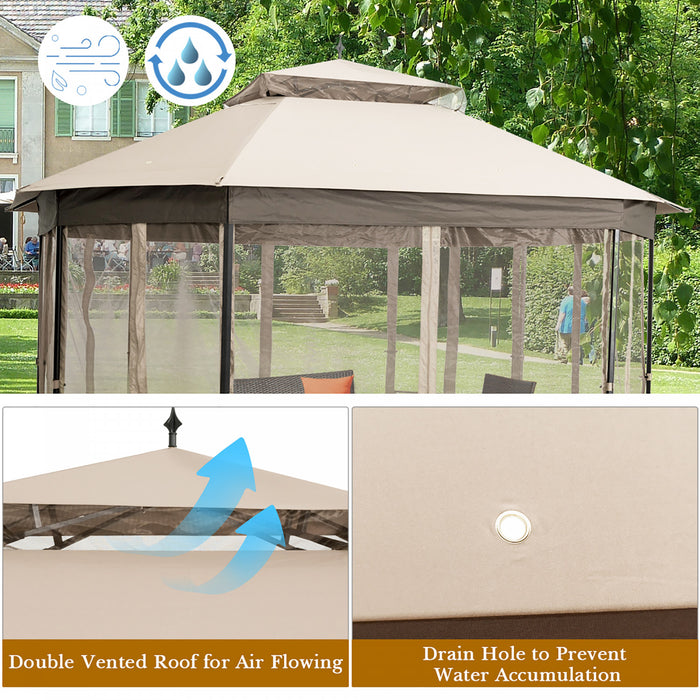 Costway 10'x12' Patio Gazebo Canopy Shelter Double Top Netting Sidewalls Beige