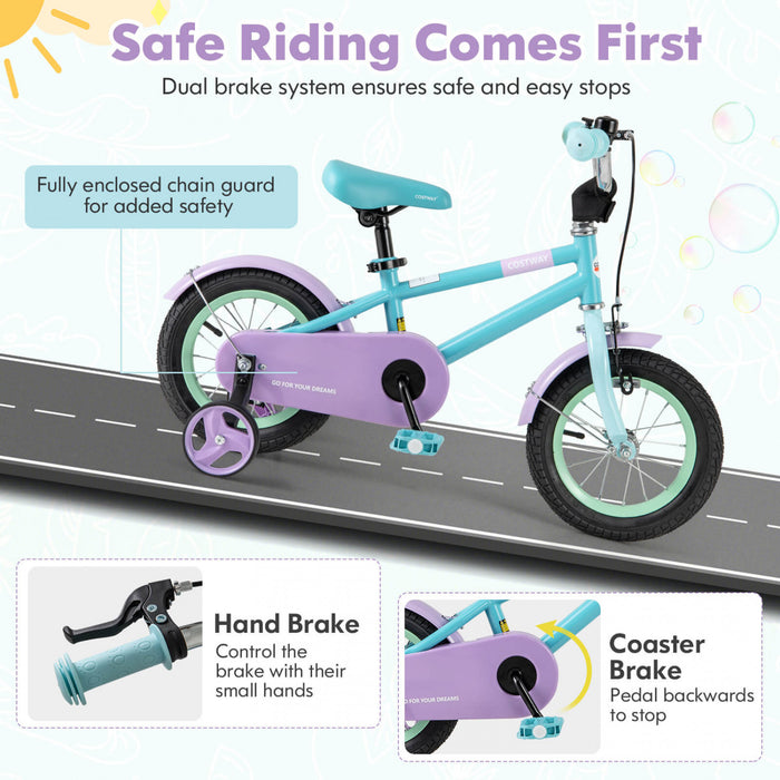 Costway 12\" Kids Bike With Adjustable Saddle Handlebar Removable Training Wheels Handbrake Blue