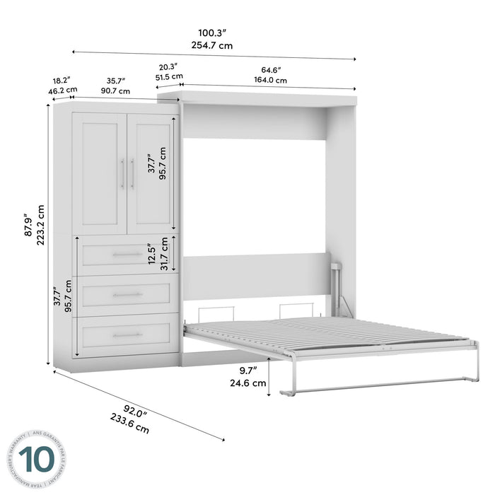 Bestar Pur Queen Murphy Bed and Storage Cabinet with Drawers (101 W) - White