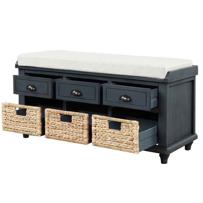 Harvey Solid Wood Storage Bench With Drawers And Rattan Baskets,antique Navy