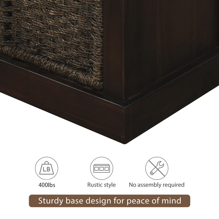 Leif Solid Wood And Rattan Baskets Storage Bench With Cushioned Seat - Espresso