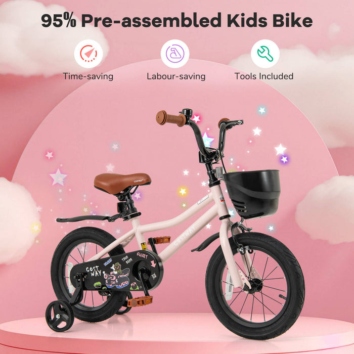 Costway 14\" Kid's Bike With Training Wheels Adjustable Handlebar & Seat Handbrake Pink