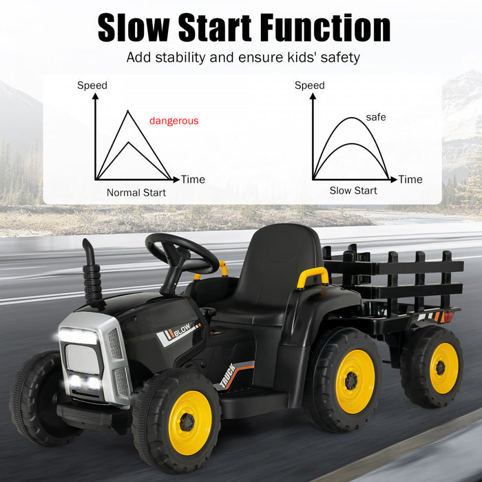 Costway 12v Kids Ride On Tractor With Trailer Ground Loader W/ Rc & Lights Dark Black