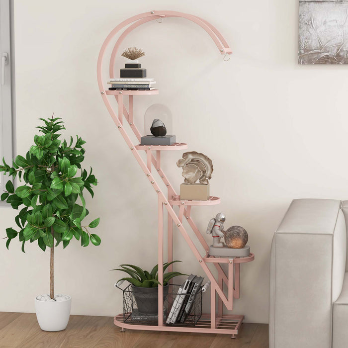 Costway 5 Tier Metal Plant Stand Heart-shaped Shelf With Hanging Hook For Multiple Plants Pink & Blue