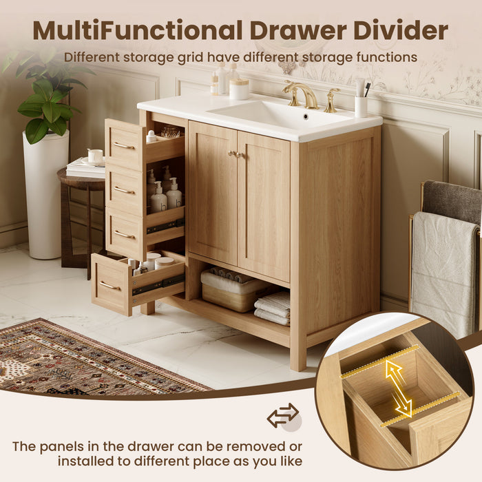 Oakmere 36 Inch Single Sink Bathroom Vanity with Two Doors and Two Drawers, Natural Wood