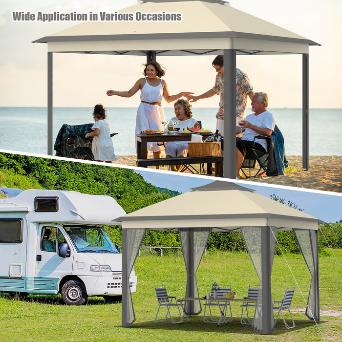 Costway 11'x11' 2-tier Pop-up Gazebo Tent Portable Canopy Shelter Carry Bag Mesh Brown