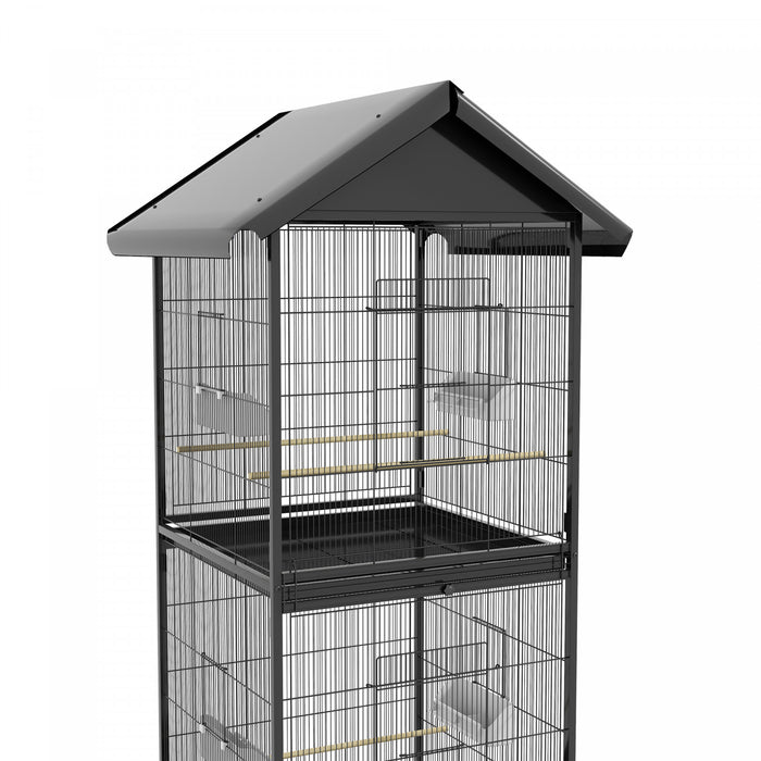 Pawhut Wrought Metal Bird Cage Feeder With Rolling Stand Perches Food Containers Doors Wheels 67\" H, Black