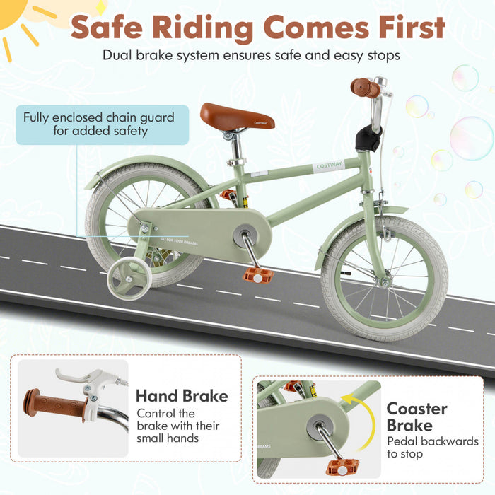 Costway 14\" Kids Bike With Adjustable Saddle Handlebar Removable Training Wheels Handbrake Green