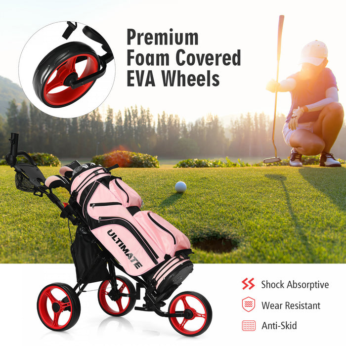 Goplus Folding 3 Wheels Golf Push Cart W/seat Scoreboard Adjustable Handle Red