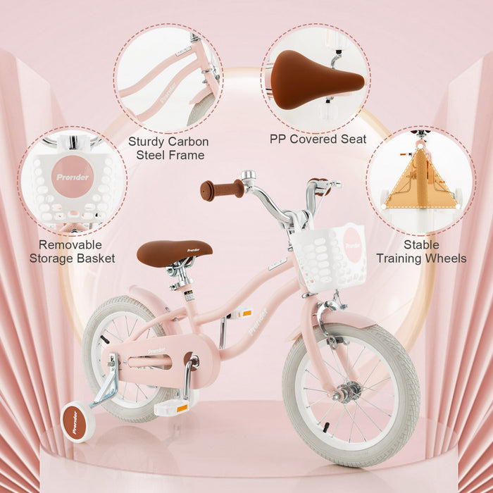 Costway 14\" Kid's Bike With Removable Training Wheels & Basket For 3-5 Years Old Pink