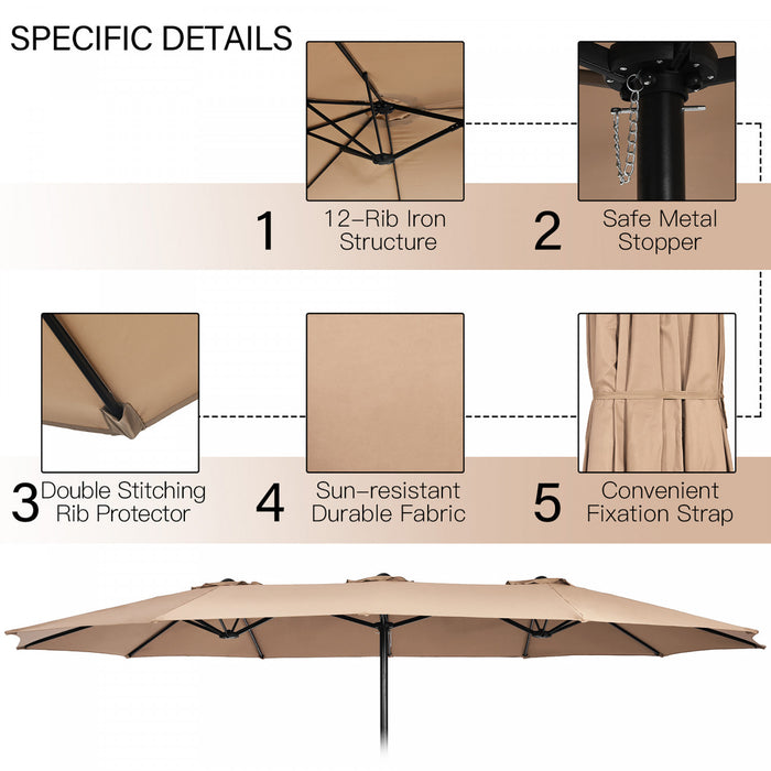 Costway 15FT Double-Sided Twin Patio Umbrella Outdoor Market W/ Crank & Base Coffee