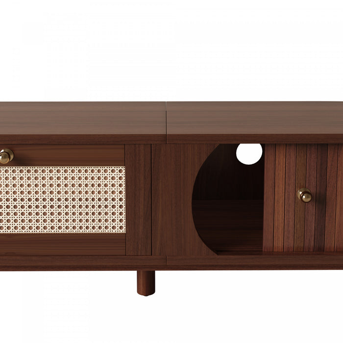 Rustic 67 Inch TV Cabinet with Rattan Sliding Doors and Drawers, Wood