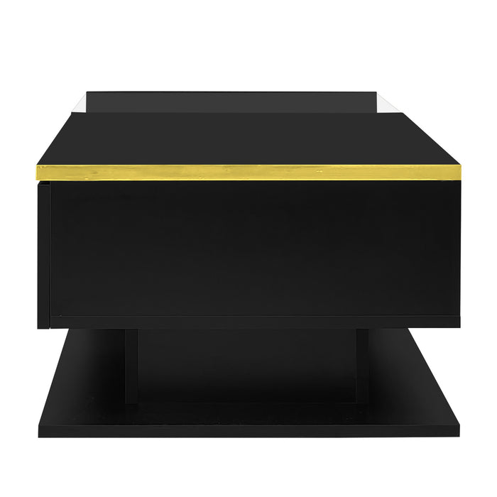 Maxwell High-Gloss 39.4\" Long Coffee Table with Glass and LED Effect,Black