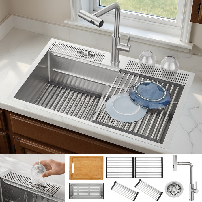MultiSINK 33 in. Dual Mounted 3-Level Workstation Kitchen Sink, Faucet, Glass Rinser,Stainless Steel -D-XP30 Laundry Combo