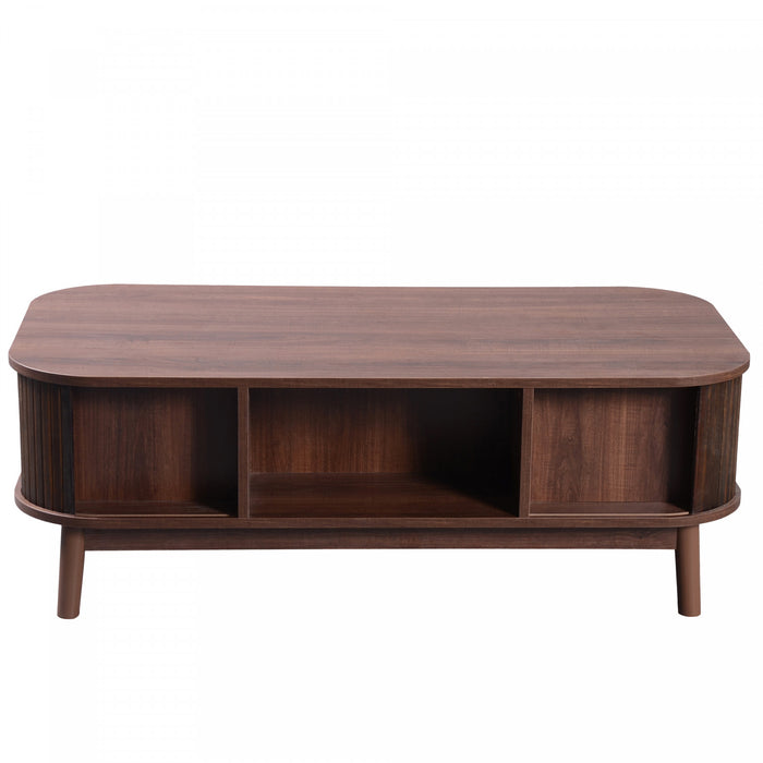 Grain 43.5 Inch Rattan Coffee Table with Sliding Doors, Drawers and Solid Wood Legs, Wood