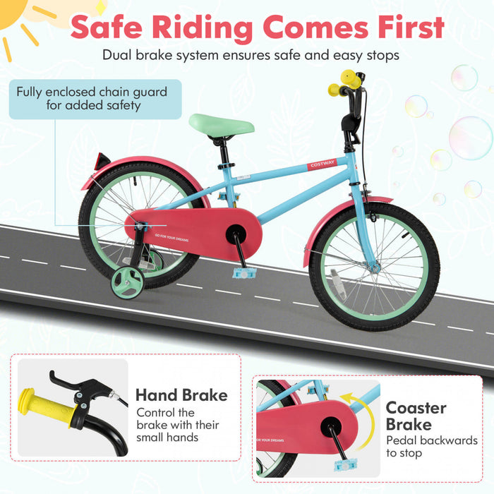 Costway 18\" Kids Bike With Adjustable Saddle Handlebar Removable Training Wheels Handbrake Red
