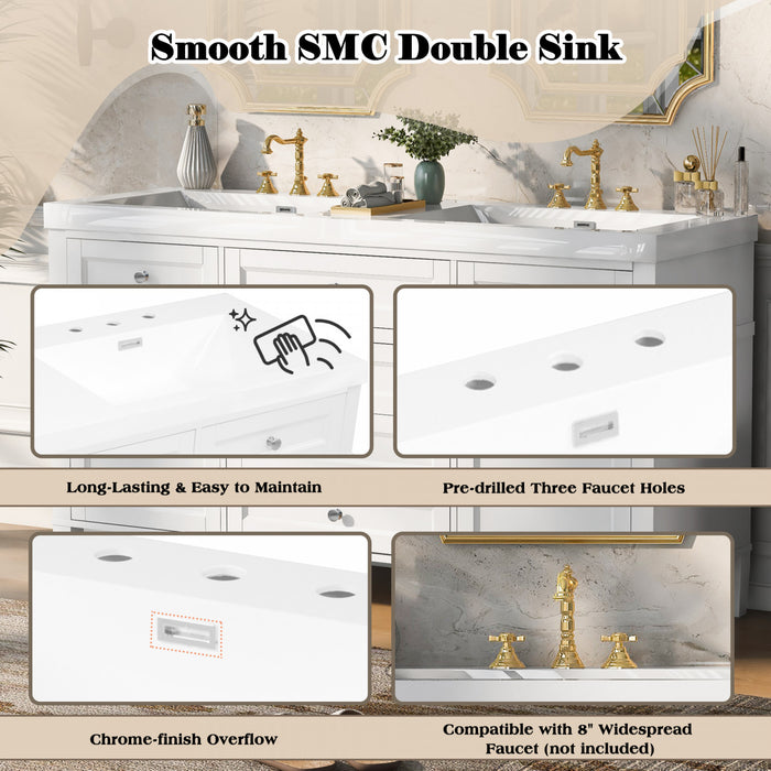 Haven 59 Inch Double Sink Bathroom Vanity with Resin Sinks and 3 Drawers, White