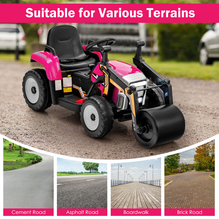 Costway Kids Ride On Road Roller 12v Electric Tractor Remote W/ Music & Led Light Pink