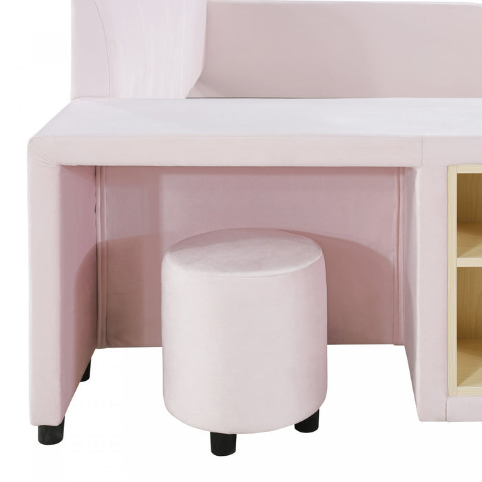 Lily Velvet Upholstered Grounded Bed with Desk and Stool,Full Size,Pink Full Bed
