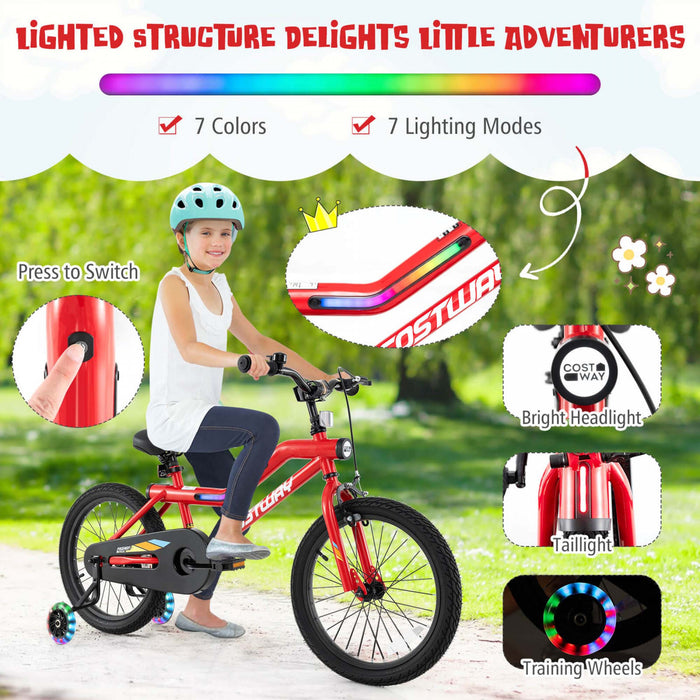 Costway 18\" Led Lighted Kids Bike With Adjustable Seat Coaster Brake Training Wheels Red