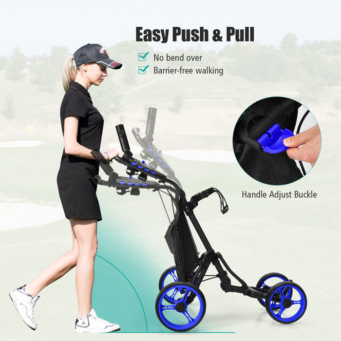 Goplus Folding 4 Wheels Golf Push Cart W/bag Scoreboard Adjustable Handle Blue