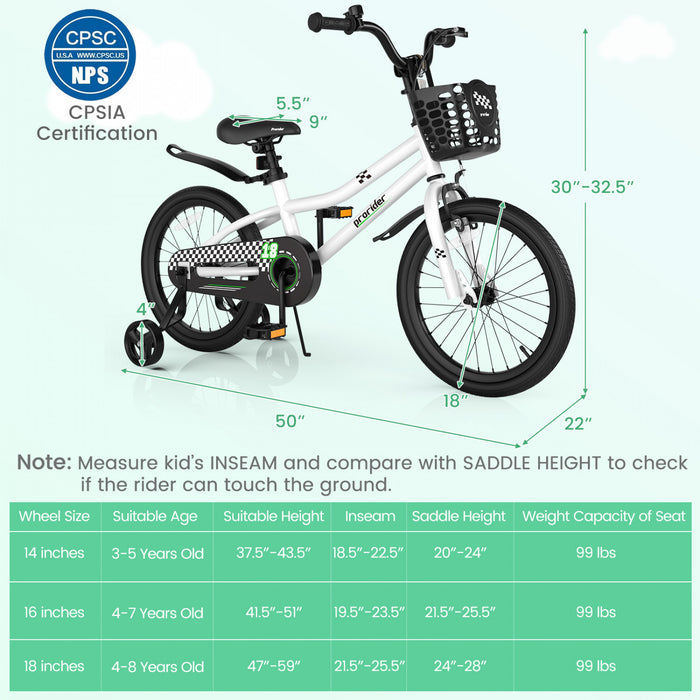 Costway 18\" Kid's Bike With Removable Training Wheels & Basket For 4-8 Years Old White