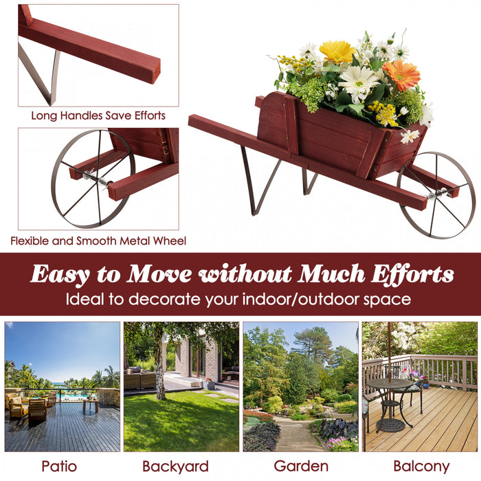 Costway Wooden Wagon Planter Decorative Indoor/outdoor Rustic Flower Cart With Wheel Red