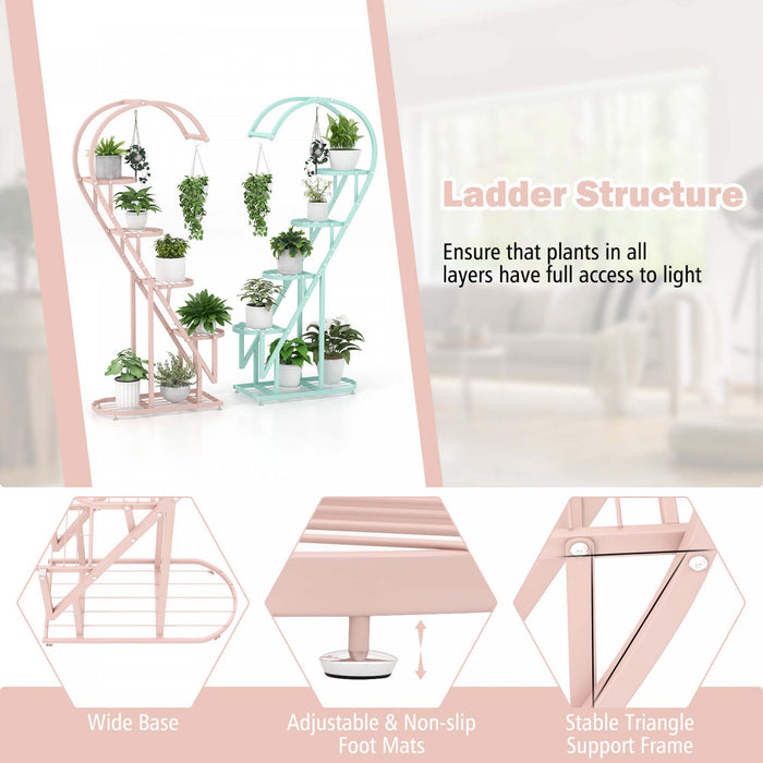 Costway 5 Tier Metal Plant Stand Heart-shaped Shelf With Hanging Hook For Multiple Plants Pink & Blue