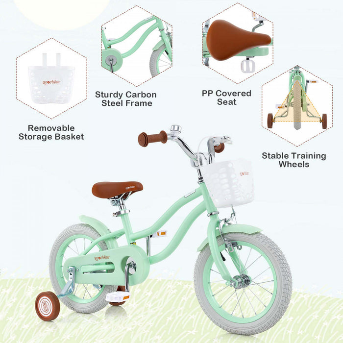 Prorider 14\" Kid's Bike With Removable Training Wheels & Basket For 3-5 Years Old Green