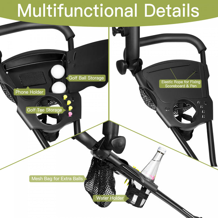 Costway Foldable 3 Wheel Golf Pull Push Cart Trolley Scorecard Drink Holder Mesh Bag