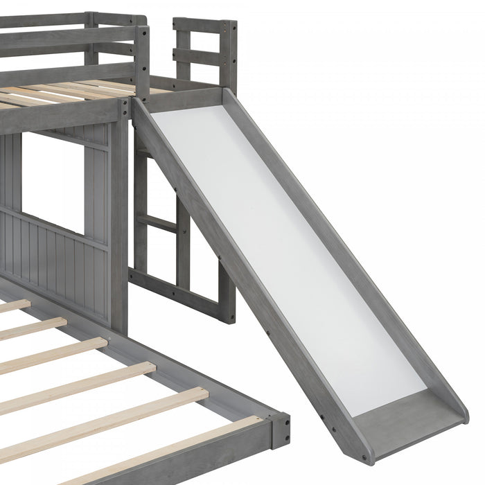 Marico Twin Over Solid Wood Full Bunk Bed With Slide, Playhouse Design, Antique Grey