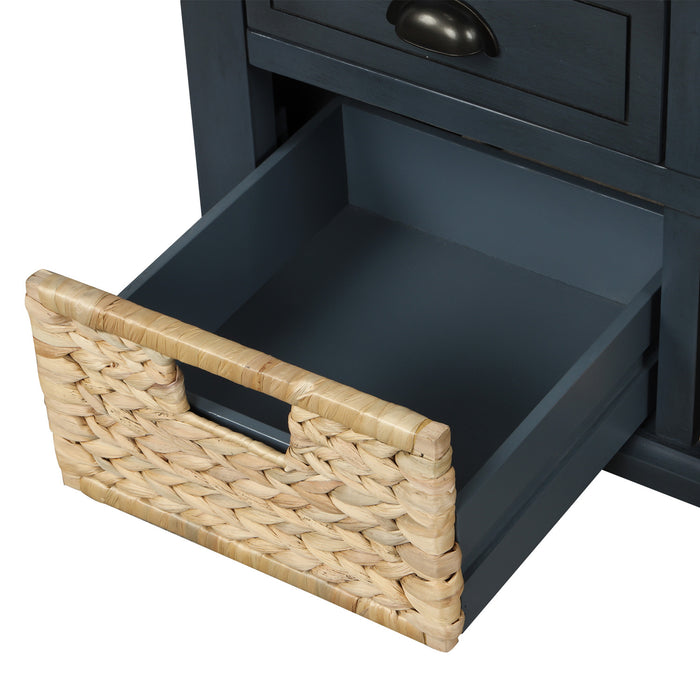 Harvey Solid Wood Storage Bench With Drawers And Rattan Baskets,antique Navy