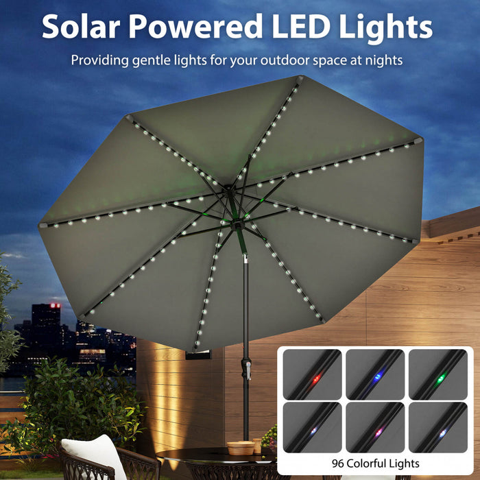 Costway 10 FT Solar Patio Umbrella with 96 LED Lights 35° Adjustable Tilt Vented Top Gray