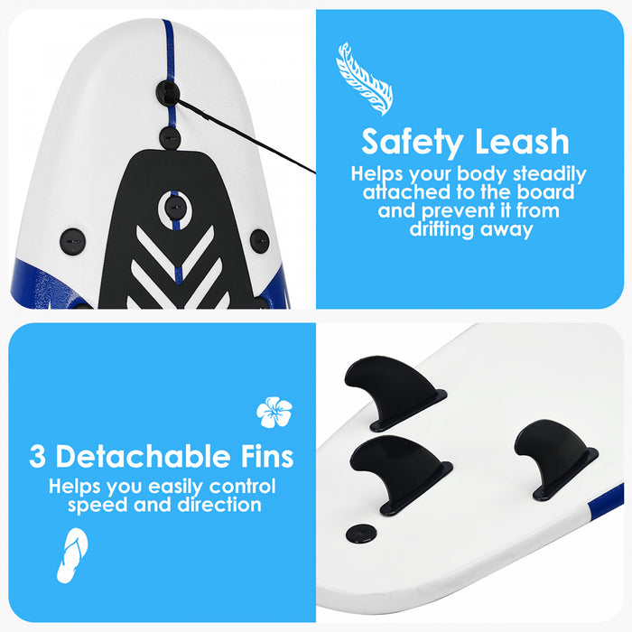 Costway 6' Surfboard Foamie Body Surfing Board W/3 Fins & Leash For Kids Adults White