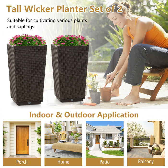 Costway 2pcs Outdoor Wicker Flower Pot 22.5\"tall Planters With Drainage Hole Coffee