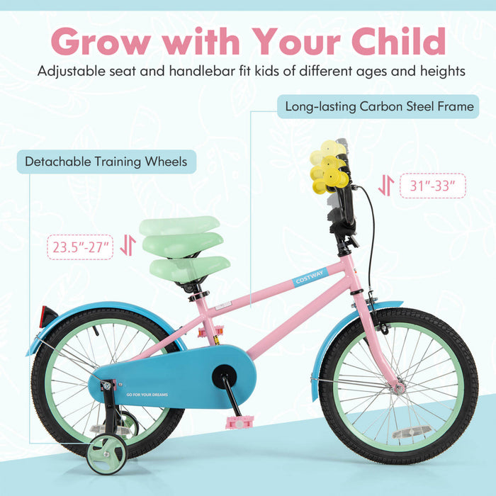 Costway 18\" Kids Bike With Adjustable Saddle Handlebar Removable Training Wheels Handbrake Pink