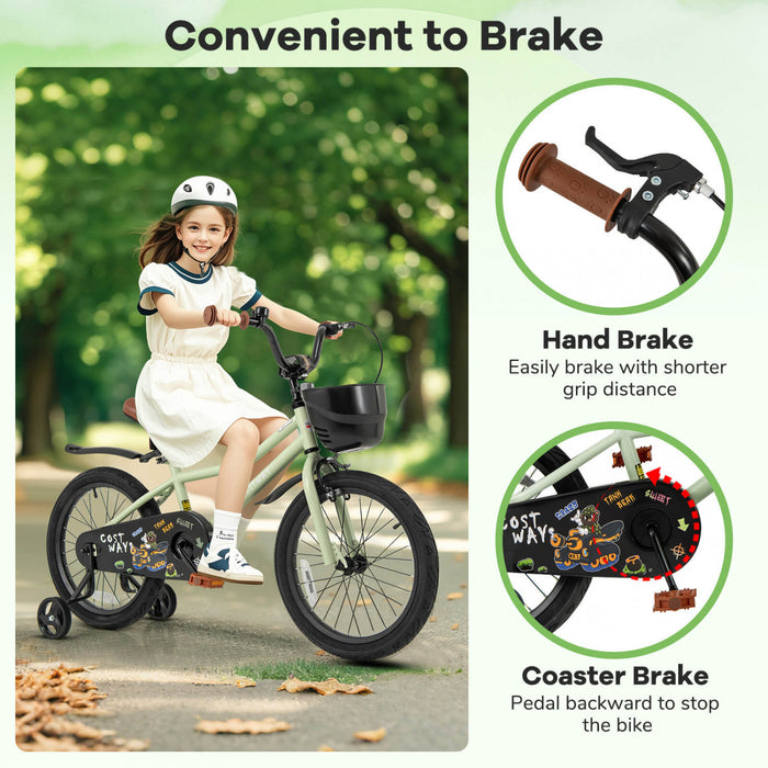 Costway 18\" Kid's Bike With Training Wheels Adjustable Handlebar & Seat Handbrake Green