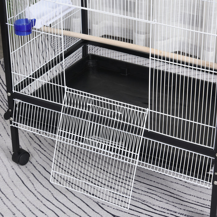 Pawhut 30x20.5x54-inch Bird Cage Parrot Macaw Finch Cockatoo Flight Cage With Wheels Black/white