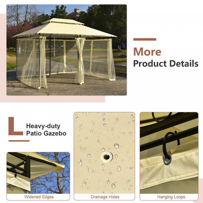 2-tier 10'x13' Steel Gazebo Canopy Tent Shelter Patio Garden Outdoor Netting Beige