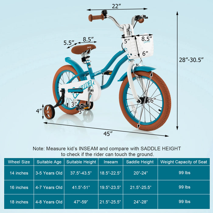 Costway 16\" Kids Bike Toddler Adjustable Bicycle Withtraining Wheel For 4-7 Years Old