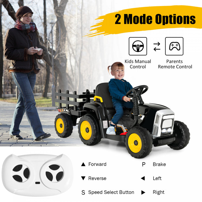 Costway 12v Kids Ride On Tractor With Trailer Ground Loader W/ Rc & Lights Dark Black