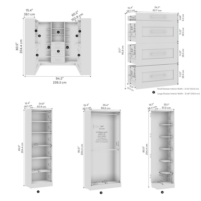 Bestar Florence 94\" Modular U-Shaped Shaker Walk-In Closet System with Rods and Storage - White