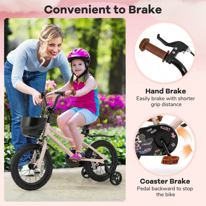Costway 14\" Kid's Bike With Training Wheels Adjustable Handlebar & Seat Handbrake Pink