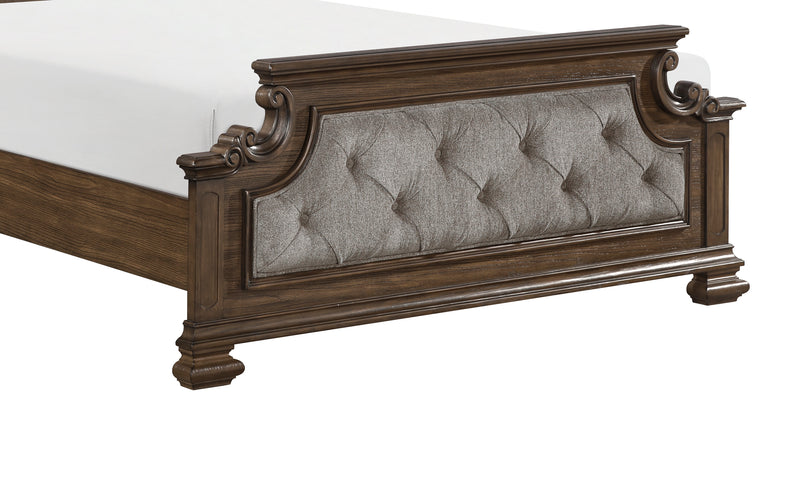 Ambrose Panel Bed with Headboard & Frame, Wooden, Fabric, Brown - Queen Size