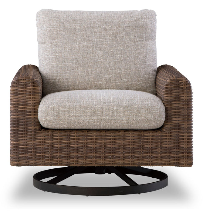 Banff Outdoor Patio Swivel Chair - Resin Wicker, Aluminum & Nuvella Fabric - Brown/Beige