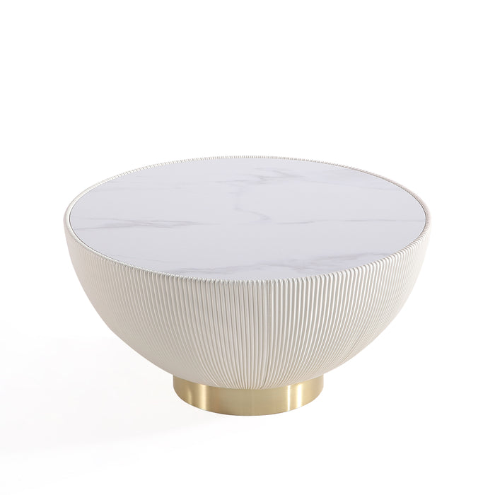 Manhattan Comfort Modern Anderson Coffee Table Upholstered Leatherette with Ceramic Faux Marble Tabletop - Cream