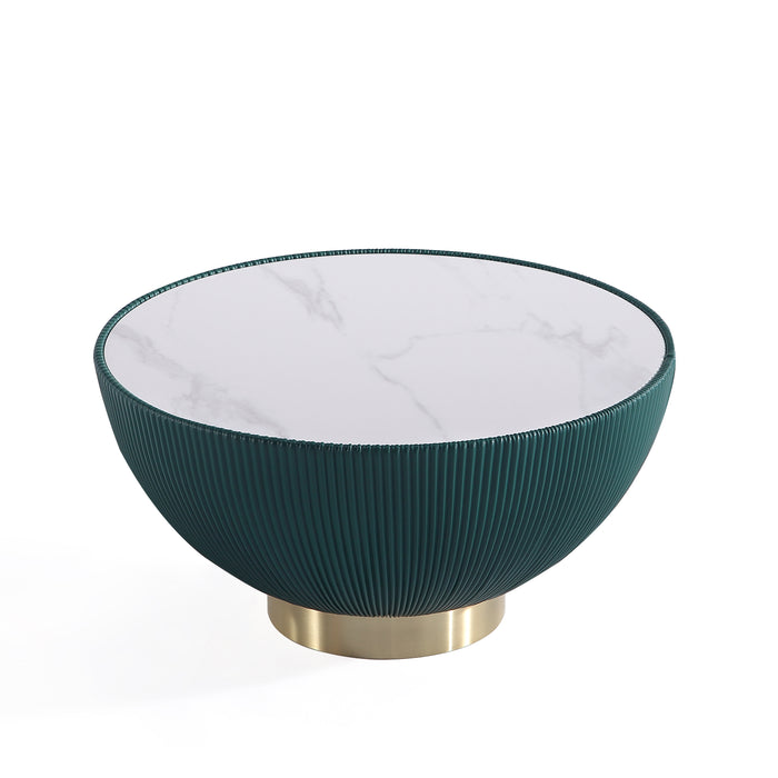 Manhattan Comfort Modern Anderson Coffee Table Upholstered Leatherette with Ceramic Faux Marble Tabletop - Green