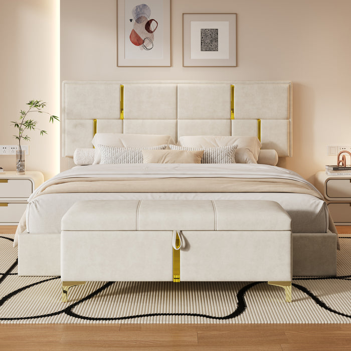 Nicole 2 Piece Bedroom Set With Upholstered Platform Bed And Ottoman Bench,queen Size,beige Queen Bed