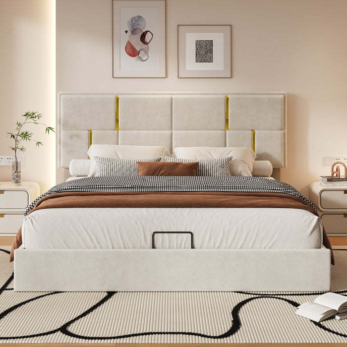 Joyce Upholstered Platform Bed With Hydraulic Storage And Velvet Frame,queen Size,beige Queen Bed
