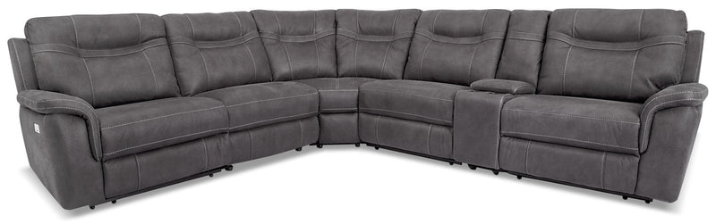 Floy 6-Piece Faux Suede Power Reclining Sectional with Power Headrests, Console and USB Port - Grey